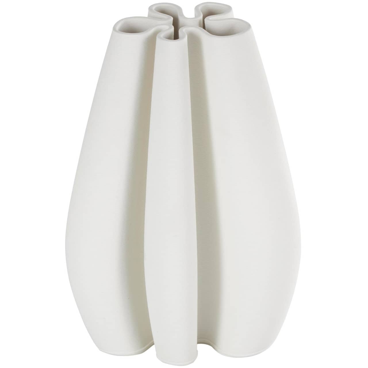 White Ceramic Abstract Ribbed Dimensional Concaved Vase with Floral Shaped Rim